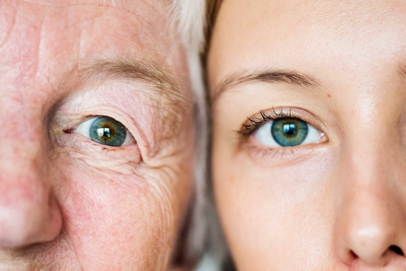 A close-up image shows the faces of two women, one older with wrinkles and one younger with smooth skin.
